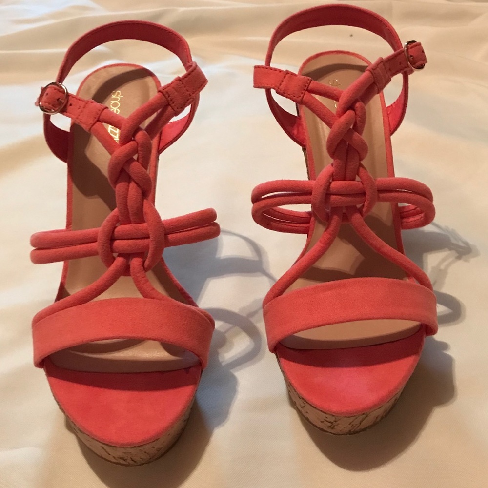 Beautiful Coral Faux-Suede Cork-heel Wedge Sandal